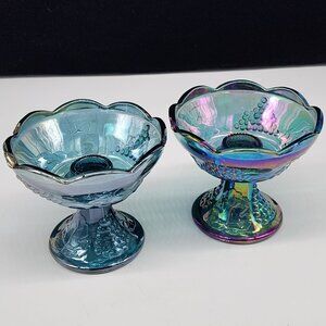 Indiana Grape Pattern Carnival Glass Candle Holders Blue & Iridescent Finish 4"